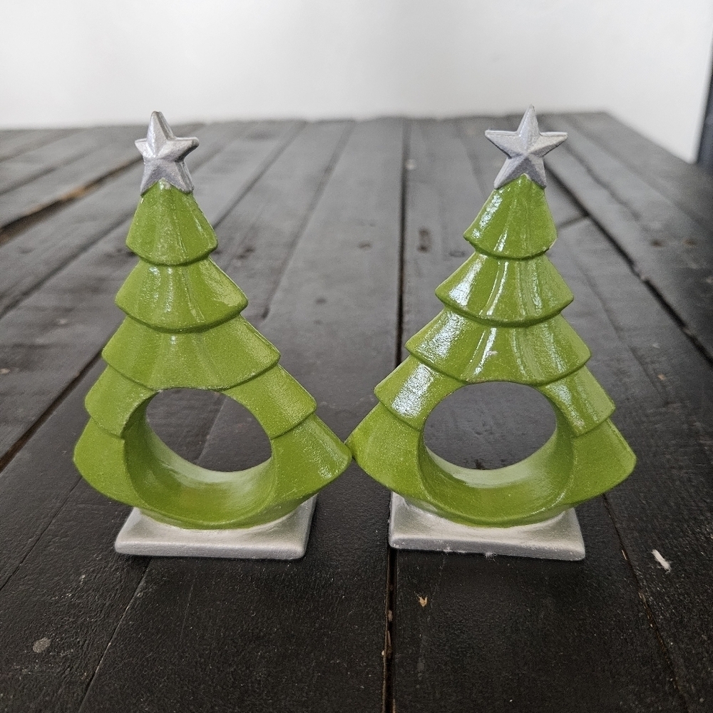 Green Christmas Tree Napkin Rings with Silver Star Vintage Ceramic Hand Painted